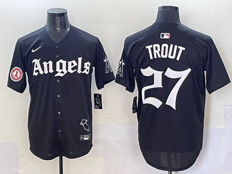 Men 2025 Los Angeles Angels #27 Trout Black Five generations Joint Name Nike MLB Jersey style 15